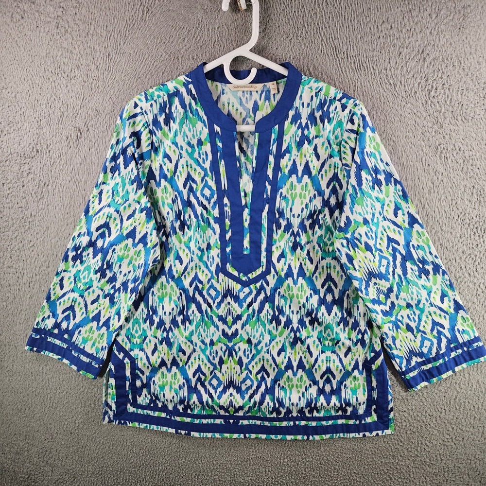 Soft Surroundings Blue Green Ikat‎ Tunic Top Womens Medium 3/4 Sleeve Cotton